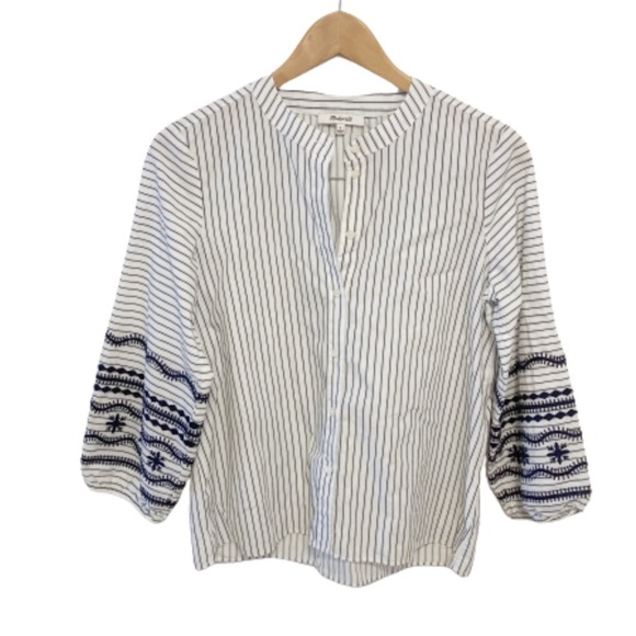 Madewell striped embroidered sleeve button up v neck shirt size small - Picture 2 of 8